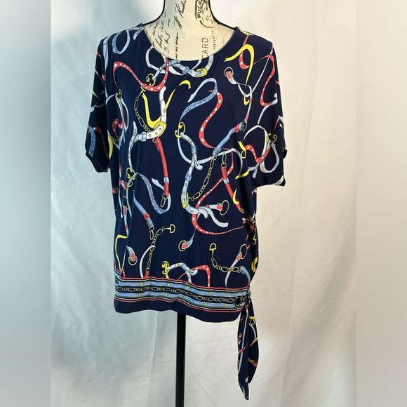 Rafaella Blue and Red Relaxed Tie Front Blouse - Picture 2 of 11